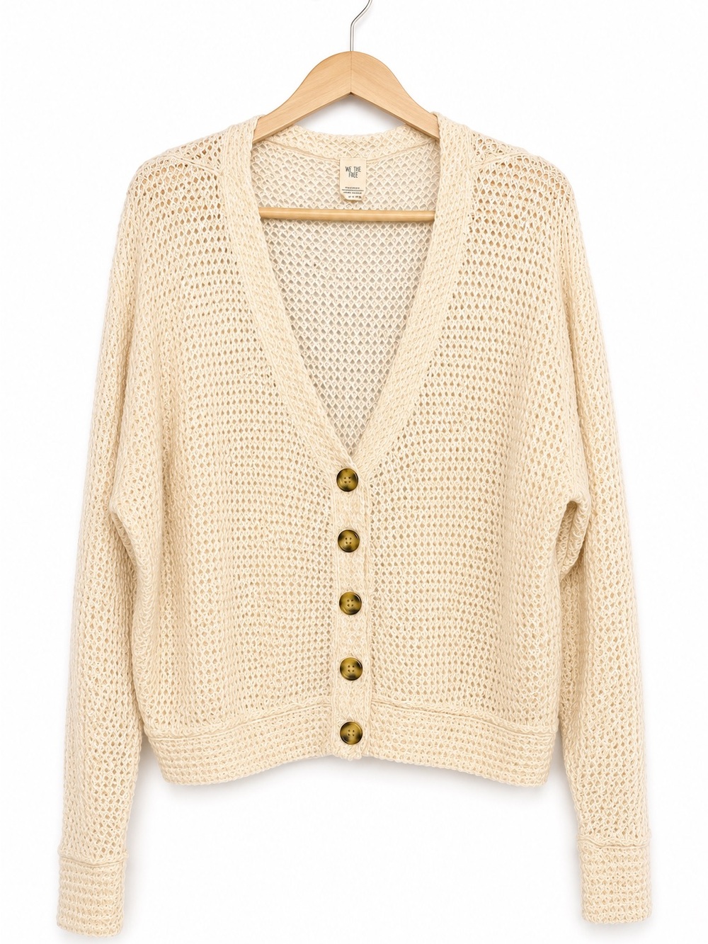 Free People Cream Open Knit V-Neck Button Cardigan